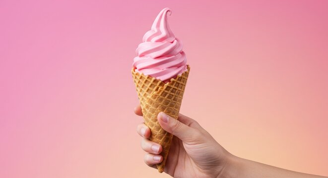 Hand holding strawberry soft serve ice cream cone against gradient background