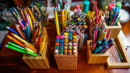 Fototapeta premium Colorful Art Supplies Arranged on Wooden Table, Bright Playful Composition, Overhead Soft Light, Shallow Depth of Field