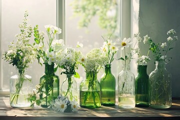 White and Green Floral Arrangement in Glass Bottles