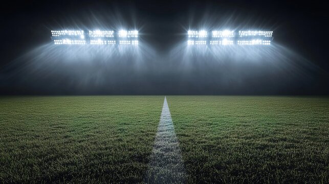 Championship stadium illuminated by powerful floodlights nighttime sports event dynamic atmosphere wide-angle view