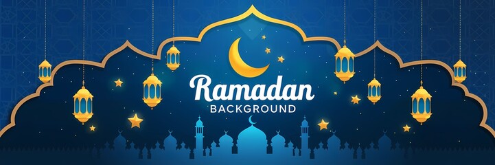 Mesmerizing Ramadan Background with Deep Blue Gradient Islamic Ornaments Golden Lanterns Soft Glowing Crescent Moon Enhancing Sacred Atmosphere of the Holy Month with Elegant Minimalistic Decorations