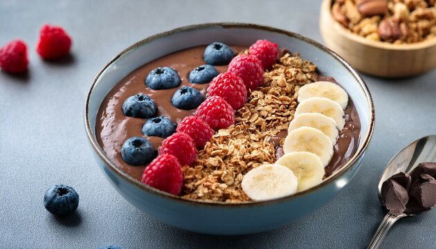 delicious smoothie bowl featuring rich chocolate base topped with fresh blueberries raspberries banana slices and crunchy granola perfect for healthy breakfast or snack