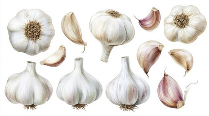 Watercolor Garlic Bulbs and Cloves Detailed Painting