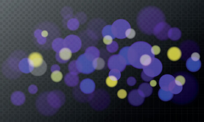Bright purple bokeh lights. Abstract light blur effect with soft glowing circles. Blurred overlay pattern on transparent background. Vector illustration for highlights, decor, and design elements
