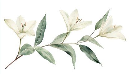 Obraz premium Watercolor Painting of Three Off White Lilies on Branch