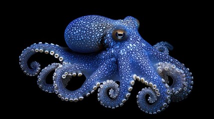 Obraz premium Close-up of a vibrant blue octopus against a black background. Possible use Stock photo for nature, marine life, or zoology