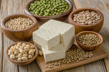 Fototapeta premium Vegan protein sources displayed on a wooden table with nuts, tofu, and assorted beans in bowls