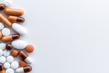 Variety of pills and capsules arranged on a white surface for health and wellness purposes