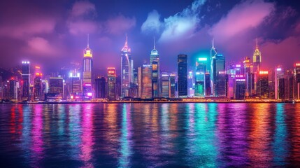 Fototapeta premium Vibrant Night City Skyline with Colorful Reflections