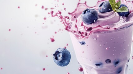 Blueberries and Splashing Pink Smoothie in Glass