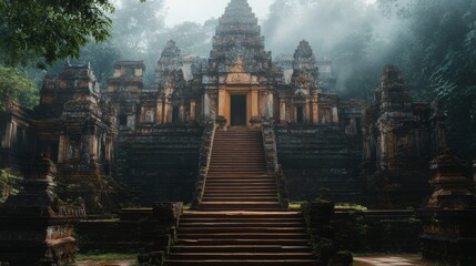 Fototapeta premium Ancient Stone Temple Ruins in Foggy Jungle Setting