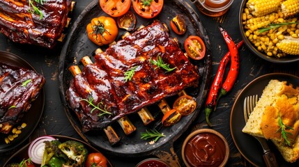 Fototapeta premium Overhead shot of a BBQ spread with multiple plates of ribs, grilled vegetables, and cornbread