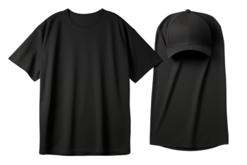 A black t shirt with short sleeves and a black cap with a black scarf on a transparent background png