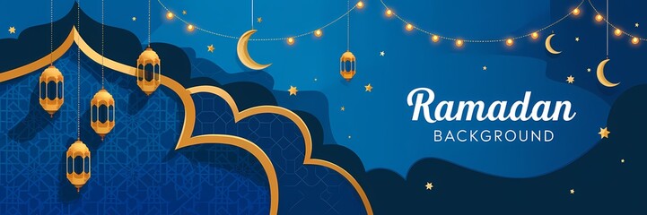 Naklejka premium Mesmerizing Ramadan Background with Deep Blue Gradient Islamic Ornaments Golden Lanterns Soft Glowing Crescent Moon Enhancing Sacred Atmosphere of the Holy Month with Elegant Minimalistic Decorations
