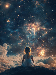 Obraz premium Young girl sitting on clouds gazing at a stunning and vibrant starry night sky filled with bright stars nebulae and cosmic dust creating a magical and awe inspi scene
