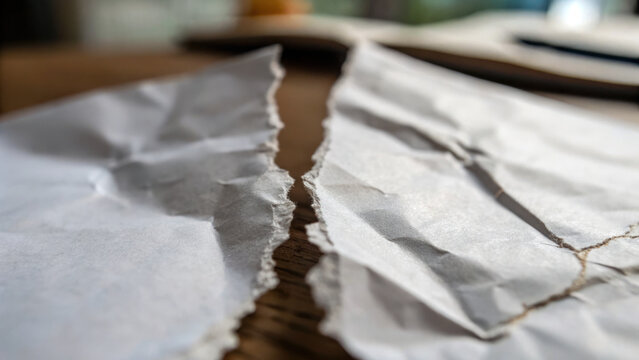 Torn paper pieces on wooden surface, showcasing texture and detail of tear, evoke sense of frustration and imperfection