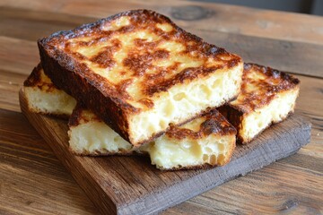 Melted cheese on toasted bread slices  Stacked slices of golden-brown, crispy bread, topped with melted, bubbly cheese, showing a slightly browned crust  A wooden cutting board holds the bread