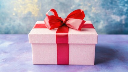 Fototapeta premium Pink gift box with red ribbon bow.