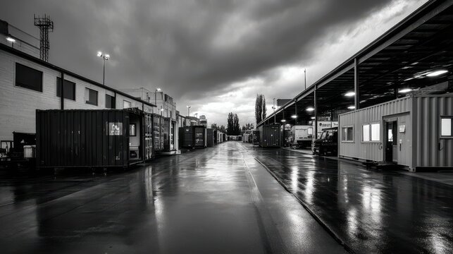 Industrial Yard with Shipping Containers and Wet Ground in Black and White