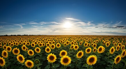 Vast sunflower field stretching towards the horizon under a bright sunny sky, showcasing the beauty of nature