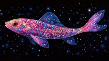 Decorative fish swims among stars, possibly for dreamy art or fantasy concepts