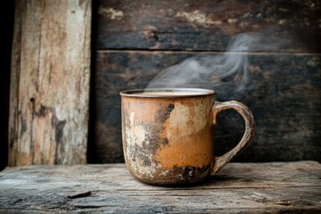 Rustic coffee mug steaming on weathered wooden surface  Warm, aged terracotta mug with steam rising  Wooden backdrop