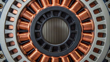 Copper coil winding in industrial power plant motor component showing detailed mechanical design and engineering precision