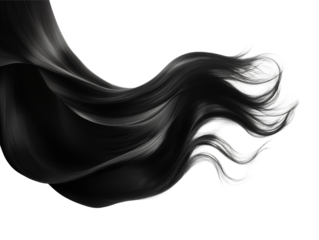 Flowing strands of dark hair cascading against a transparent background in a dynamic composition png