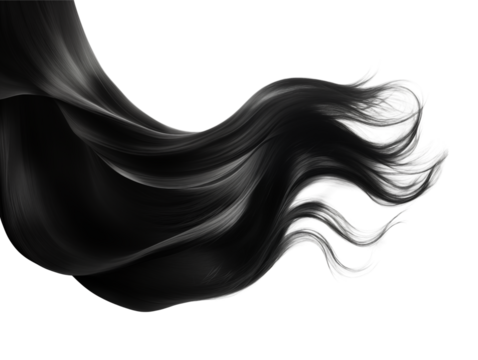 Flowing strands of dark hair cascading against a transparent background in a dynamic composition png