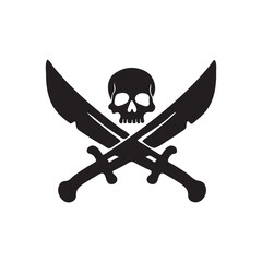 Crossed black swords, a Heraldic symbol of two medieval sharp sabres, a silhouette vector illustration. Pirate Skull and Swords Graphic Design.