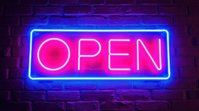 Vibrant neon open sign glowing against a textured brick wall backdrop