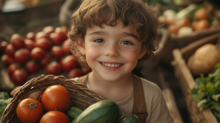 Fototapeta premium a kid smiling at camera while holding a basket of fresh produce
