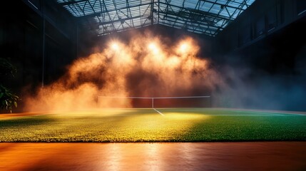 Dimly lit tennis court with mist and focused lighting for sports drama effect