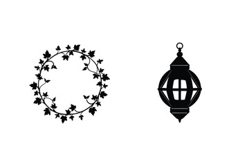 Black Silhouettes Of Ornamental Wreath And Lantern Decor Elements Isolated On White