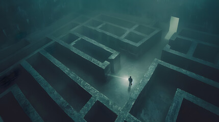 A man is walking through a maze with a flashlight. The maze is dark and the man is the only one in it