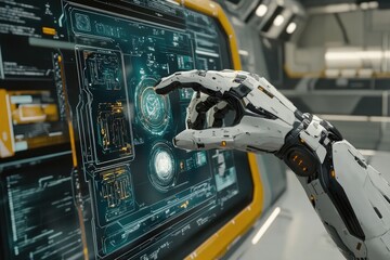 Fototapeta premium Futuristic robotic hand interacts with a large screen displaying complex interface elements Advanced technology in a sterile environment