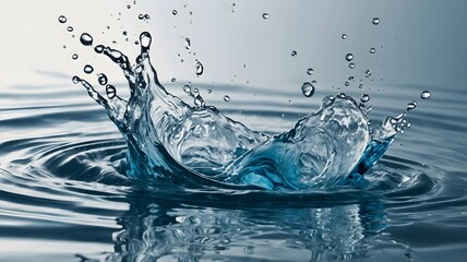 A clear blue water splash with bubbles and motion is isolated on white, showing its liquid freshness