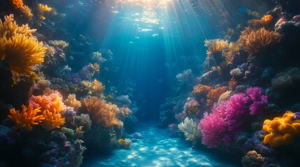 Naklejka premium Vibrant coral reef, sunlight filtering through the ocean depths.