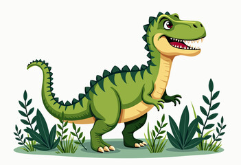 Fototapeta premium Cute Green Tyrannosaurus Rex: Jungle Scene, Vector Illustration for Kids, Bold Outlines, Simple Design, White Background 