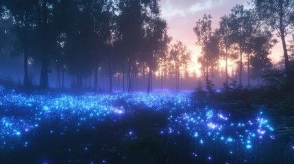 Magical Forest Sunset with Glowing Blue Lights