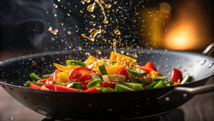 Sizzling vegetables in wok create delightful scene, with vibrant colors and steam rising, evoking sense of warmth and flavor