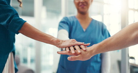 Hands, together and stack with medical team in hospital, support or mission for healthcare...