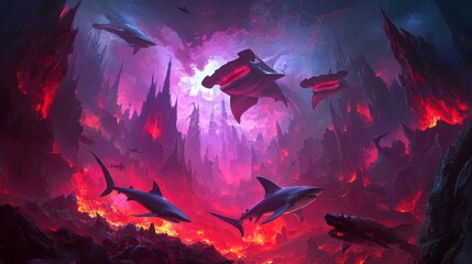 Fiery Shark Attack in a Volcanic Alien Landscape