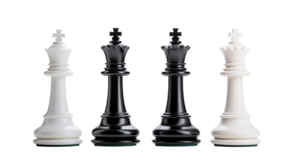 Close up of two white and two black king chess pieces on a transparent background in a studio shot png