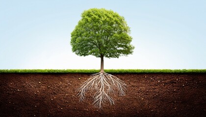 tall isolated tree with roots visible in the soil soil solitary leaf