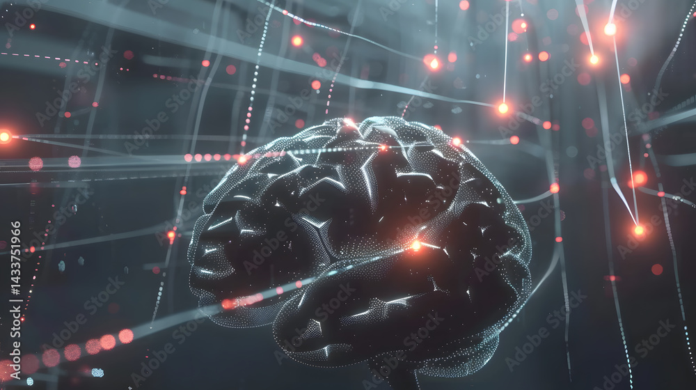 Fototapete a brain is shown in a computer generated image with red and blue lines surrounding it. concept of co