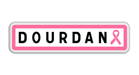 Panneau de sortie de Dourdan, Essonne, Île-de-France avec Ruban Octobre Rose