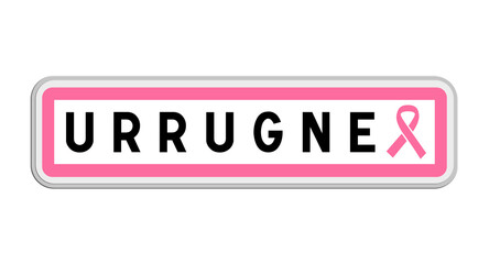 Panneau de sortie d'Urrugne, Pyrénées-Atlantiques, Nouvelle-Aquitaine avec Ruban Octobre Rose