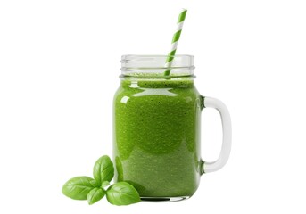 Healthy green smoothie recipe drink with basil and straw isolated on white background