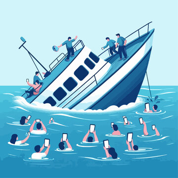 A sinking boat with people preoccupied with their phones instead of helping.